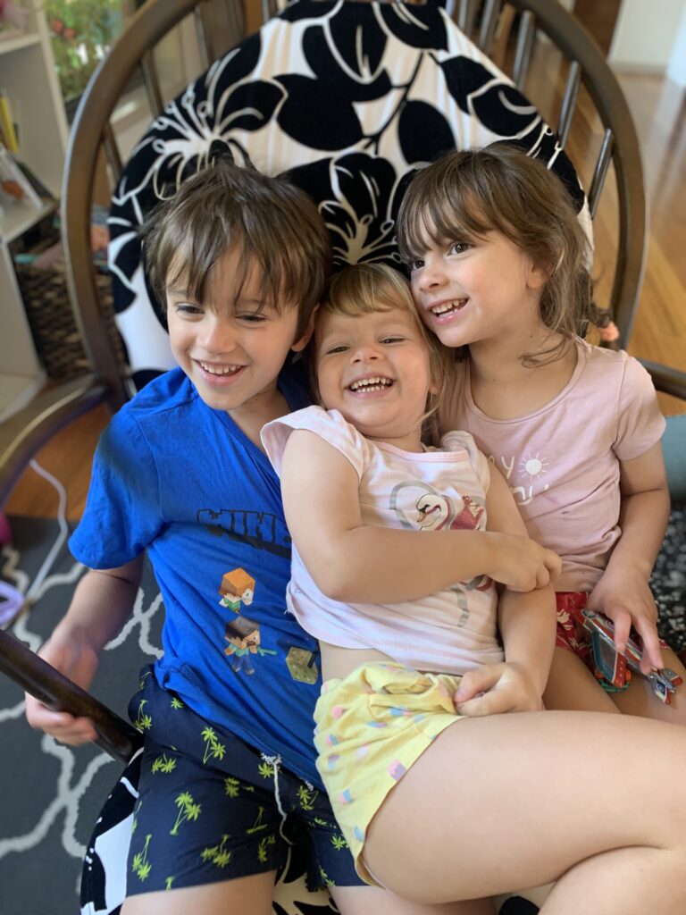 Two of the kids (the girls) have covid in this picture...Emily says "Try separating them at the best of times!" From left to right: Jack, Grace and Charlotte Tamhane 