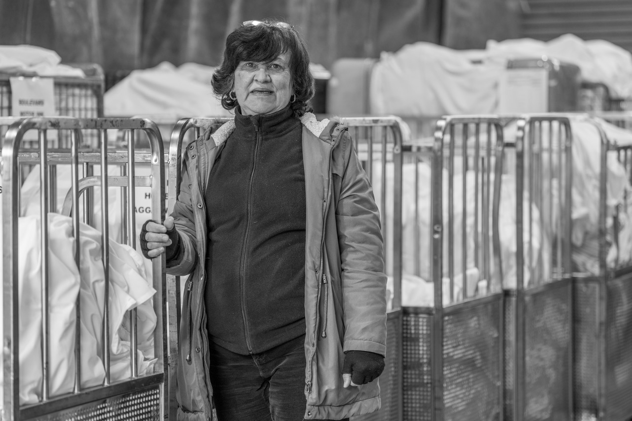 Jovanka Ilieva has been a Linen Supervisor for 25 years. She started off mending, then washing. Now she manages this distribution hub for linens washed elsewhere. ‘It’s a heavy job, pushing trolleys.’