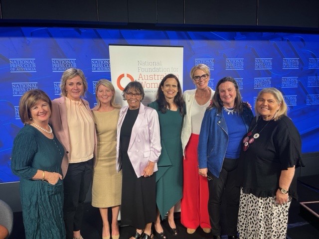 Left to right, Jane Madden, President of NFAW, Zali Steggall MP, Natasha Stott Despoja, Aunty Violet Sheridan, Ngunnawal elder, Stephanie Copus Campbell, Ambassador for Gender Equality, Zoe Daniel MP, Sally Moyle, Vice President of NFAW and Mary Atkinson, Ngunnawal elder. Picture: Supplied