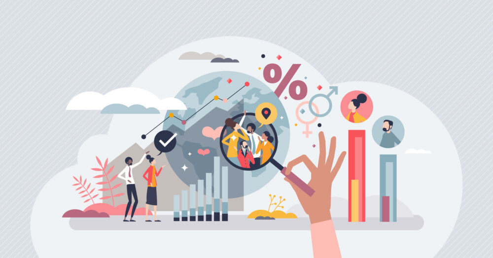 Demography information and gender percentage statistics tiny person concept. Society and population research with age and community growth data vector illustration. Infographic with country citizens.